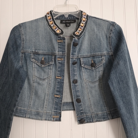 INC Women’s Crop Denim Jacket with Embellished Collar. Size L - Picture 3 of 9